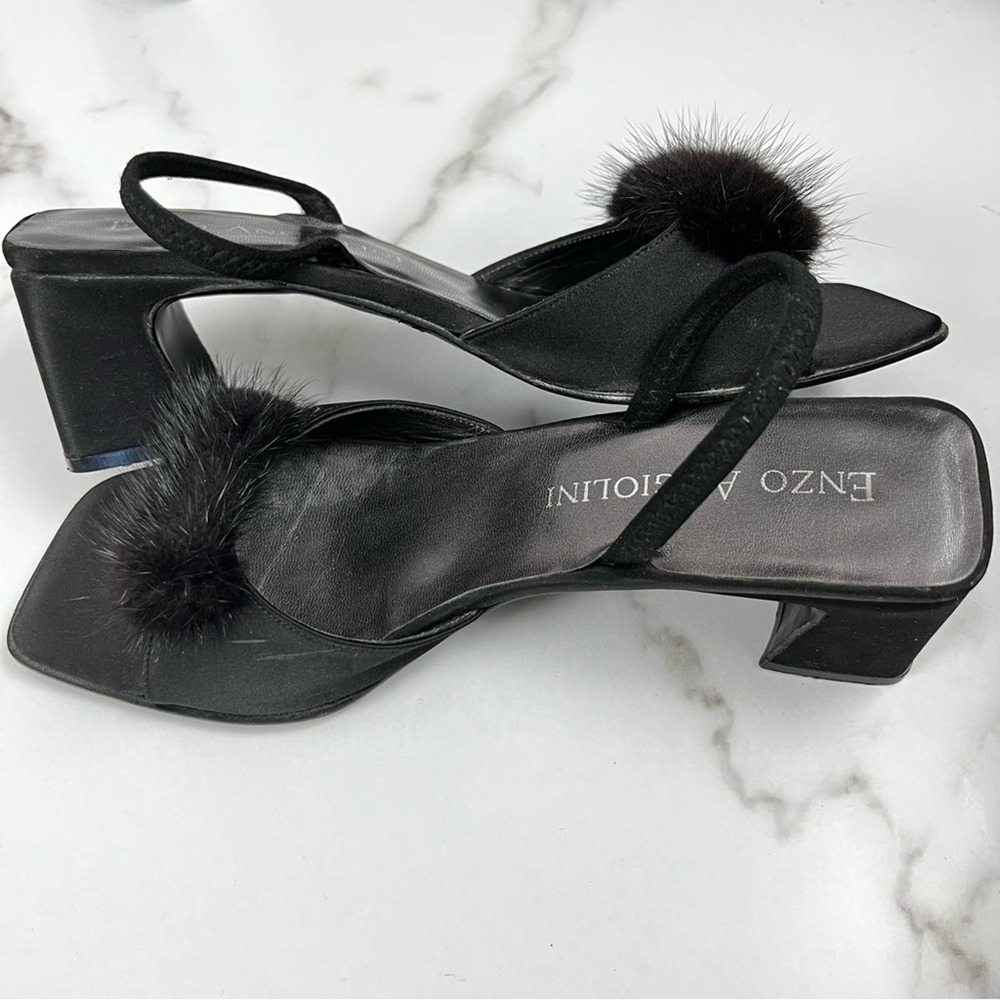 Vintage Enzo Angiolini Fuzzy Pom Pom Black Chunky Slingback Heels Size 8